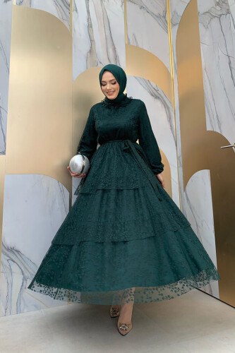 Dantel Kat Kat Detaylı Kol Manşetleri Lastikli Kuşaklı Astarlı Elbise 3614 Zümrüt - Bym Fashion