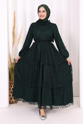 Dantel Kat Kat Detaylı Kol Manşetleri Lastikli Kuşaklı Astarlı Elbise 3614 Zümrüt 