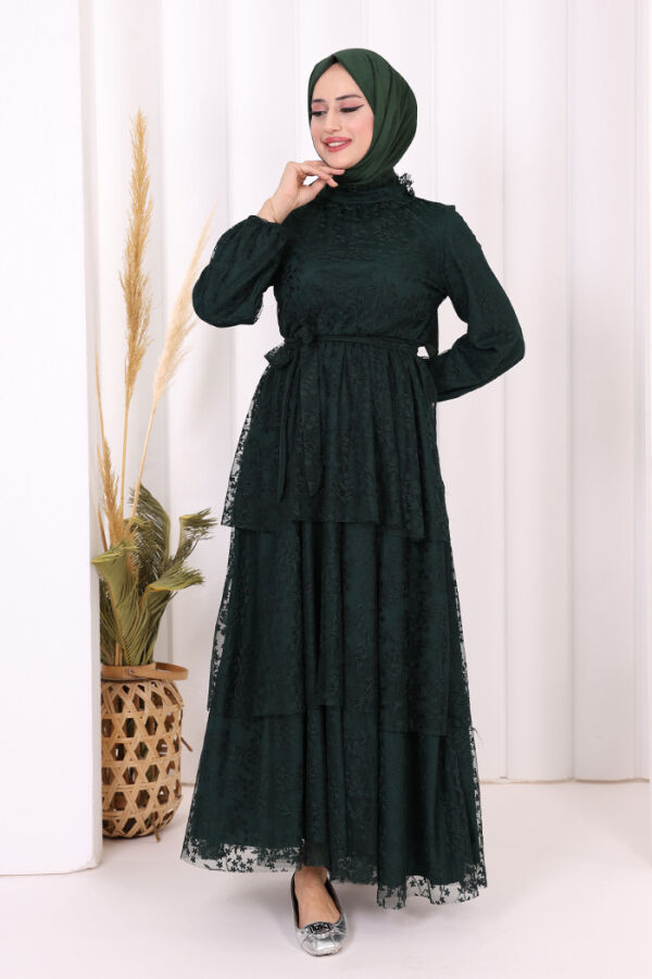 Dantel Kat Kat Detaylı Kol Manşetleri Lastikli Kuşaklı Astarlı Elbise 3614 Zümrüt - 2