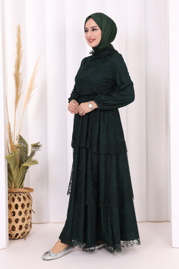 Dantel Kat Kat Detaylı Kol Manşetleri Lastikli Kuşaklı Astarlı Elbise 3614 Zümrüt - 3