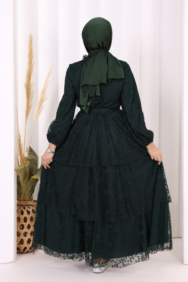 Dantel Kat Kat Detaylı Kol Manşetleri Lastikli Kuşaklı Astarlı Elbise 3614 Zümrüt - 4
