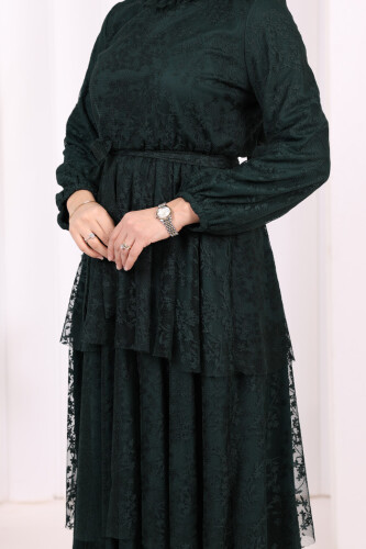 Dantel Kat Kat Detaylı Kol Manşetleri Lastikli Kuşaklı Astarlı Elbise 3614 Zümrüt - 6