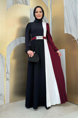 Üç Renkli Bel Kemer Pilise Detay Elbise 3622 Bordo - Bym Fashion
