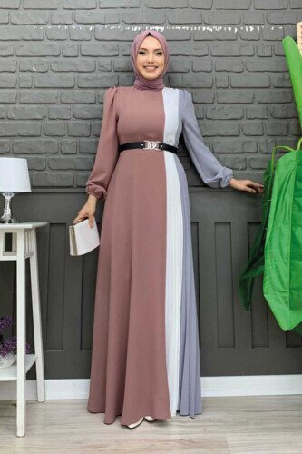Üç Renkli Bel Kemer Pilise Detay Elbise 3622 Füme - Bym Fashion