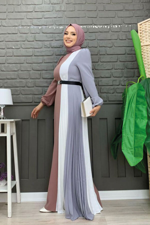Üç Renkli Bel Kemer Pilise Detay Elbise 3622 Füme - 6
