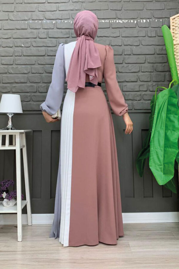 Üç Renkli Bel Kemer Pilise Detay Elbise 3622 Füme - 7