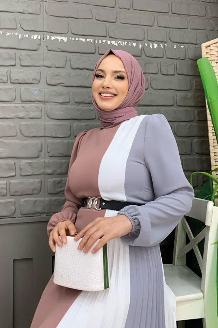 Üç Renkli Bel Kemer Pilise Detay Elbise 3622 Füme - 8