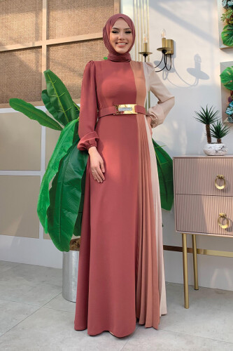Üç Renkli Bel Kemer Pilise Detay Elbise 3622 Gül Kurusu - Bym Fashion