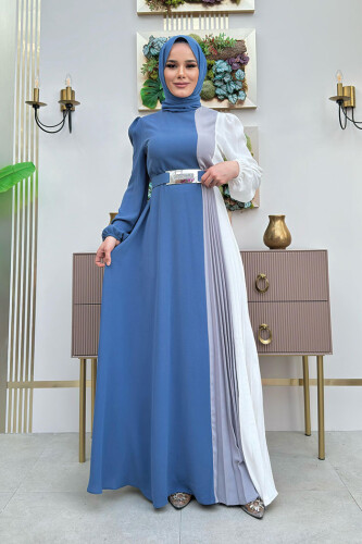 Üç Renkli Bel Kemer Pilise Detay Elbise 3622 İndigo - Bym Fashion