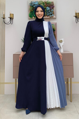Üç Renkli Bel Kemer Pilise Detay Elbise 3622 Lacivert - Bym Fashion