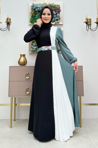 Üç Renkli Bel Kemer Pilise Detay Elbise 3622 Mint - Bym Fashion