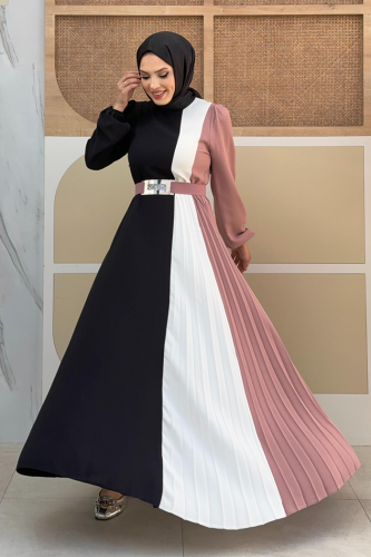 Üç Renkli Bel Kemer Pilise Detay Elbise 3622 Pudra - Bym Fashion