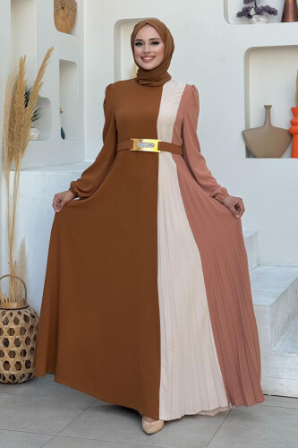 Üç Renkli Bel Kemer Pilise Detay Elbise 3622 Taba - Bym Fashion