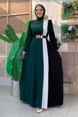 Üç Renkli Bel Kemer Pilise Detay Elbise 3622 Zümrüt - Bym Fashion