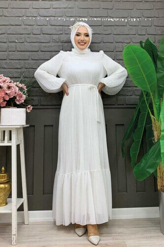 Piliseli Fırfır Görünümlü Bel Kuşaklı Şifon Elbise 3628 Ekru - Bym Fashion