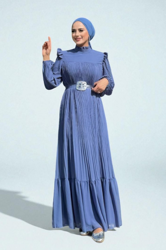 Piliseli Fırfır Görünümlü Bel Kuşaklı Şifon Elbise 3628 İndigo - Bym Fashion