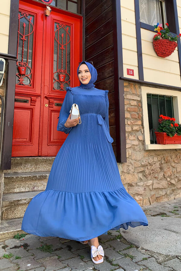 Piliseli Fırfır Görünümlü Bel Kuşaklı Şifon Elbise 3628 İndigo - 2