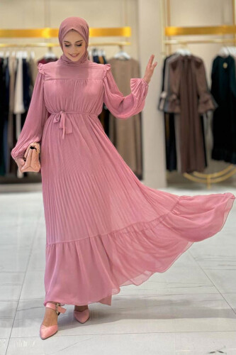 Piliseli Fırfır Görünümlü Bel Kuşaklı Şifon Elbise 3628 Pudra - Bym Fashion