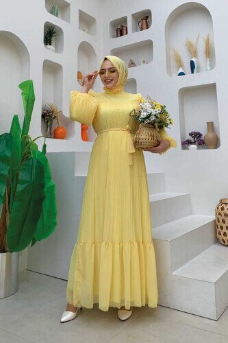 Piliseli Fırfır Görünümlü Bel Kuşaklı Şifon Elbise 3628 Sarı - Bym Fashion