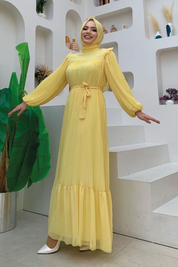 Piliseli Fırfır Görünümlü Bel Kuşaklı Şifon Elbise 3628 Sarı - 6