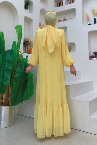 Piliseli Fırfır Görünümlü Bel Kuşaklı Şifon Elbise 3628 Sarı - 7