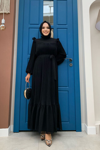 Piliseli Fırfır Görünümlü Bel Kuşaklı Şifon Elbise 3628 Siyah - Bym Fashion