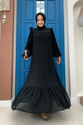 Piliseli Fırfır Görünümlü Bel Kuşaklı Şifon Elbise 3628 Siyah - 4