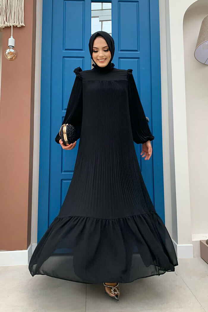 Piliseli Fırfır Görünümlü Bel Kuşaklı Şifon Elbise 3628 Siyah - 4