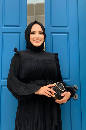 Piliseli Fırfır Görünümlü Bel Kuşaklı Şifon Elbise 3628 Siyah - 7