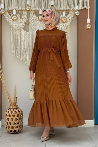 Piliseli Fırfır Görünümlü Bel Kuşaklı Şifon Elbise 3628 Taba - Bym Fashion