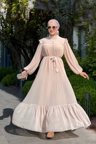 Piliseli Fırfır Görünümlü Bel Kuşaklı Şifon Elbise 3628 Taş - Bym Fashion