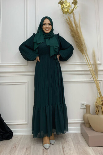 Piliseli Fırfır Görünümlü Bel Kuşaklı Şifon Elbise 3628 Zümrüt - 2