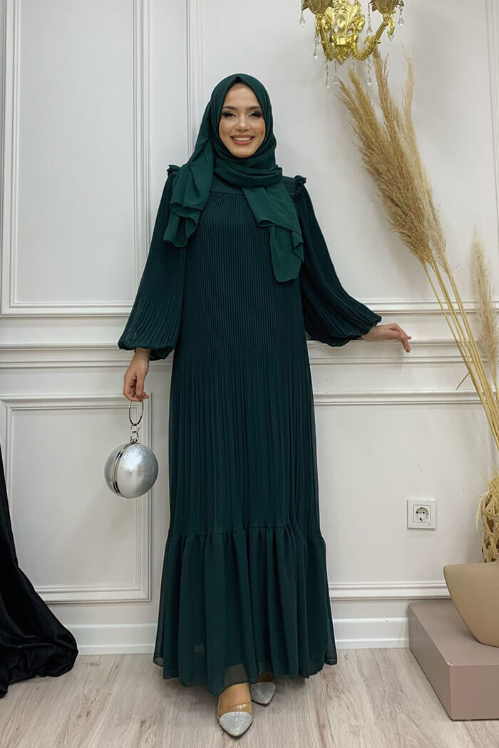 Piliseli Fırfır Görünümlü Bel Kuşaklı Şifon Elbise 3628 Zümrüt - 3