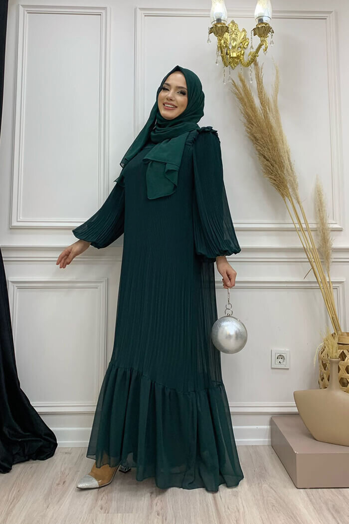 Piliseli Fırfır Görünümlü Bel Kuşaklı Şifon Elbise 3628 Zümrüt - 4