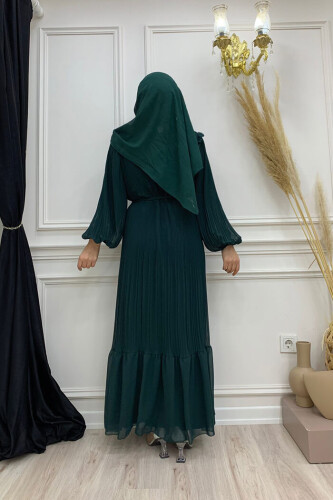 Piliseli Fırfır Görünümlü Bel Kuşaklı Şifon Elbise 3628 Zümrüt - 5