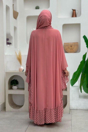 Benekli Yaka Detay Şifon Pelerinli Elbise Takım 3643 Pudra - 2