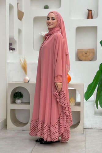 Benekli Yaka Detay Şifon Pelerinli Elbise Takım 3643 Pudra - 3