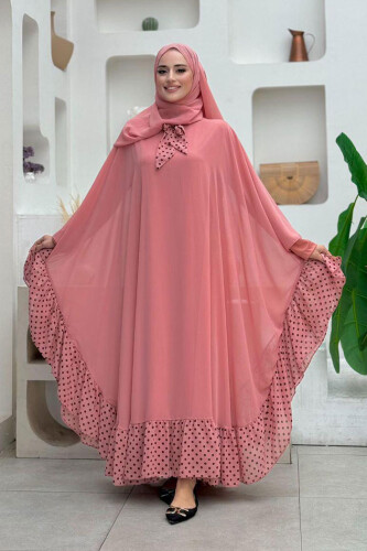 Benekli Yaka Detay Şifon Pelerinli Elbise Takım 3643 Pudra - bym fashion