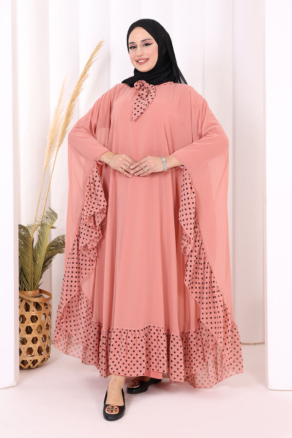 Benekli Yaka Detay Şifon Pelerinli Elbise Takım 3643 Pudra - 1