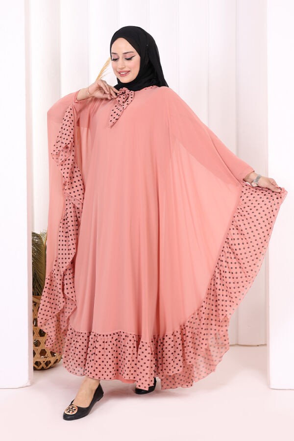 Benekli Yaka Detay Şifon Pelerinli Elbise Takım 3643 Pudra - 2