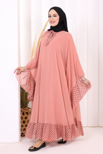 Benekli Yaka Detay Şifon Pelerinli Elbise Takım 3643 Pudra - 3