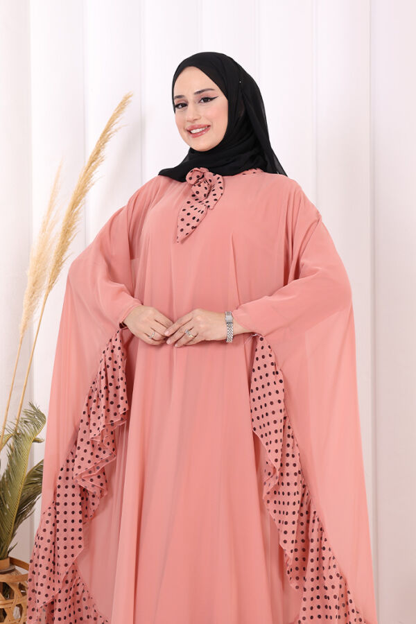 Benekli Yaka Detay Şifon Pelerinli Elbise Takım 3643 Pudra - 5