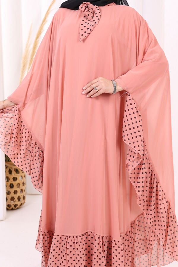 Benekli Yaka Detay Şifon Pelerinli Elbise Takım 3643 Pudra - 6