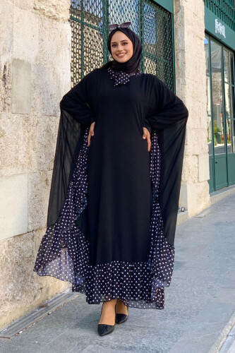 Benekli Yaka Detay Şifon Pelerinli Elbise Takım 3643 Siyah - Bym Fashion