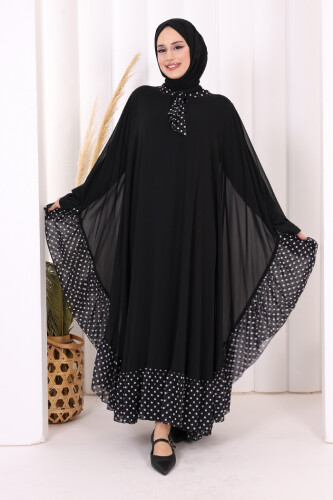 Benekli Yaka Detay Şifon Pelerinli Elbise Takım 3643 Siyah 