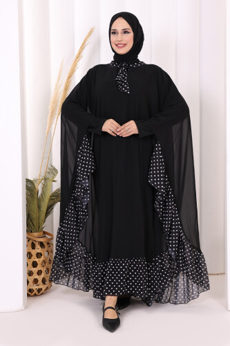 Benekli Yaka Detay Şifon Pelerinli Elbise Takım 3643 Siyah - 2