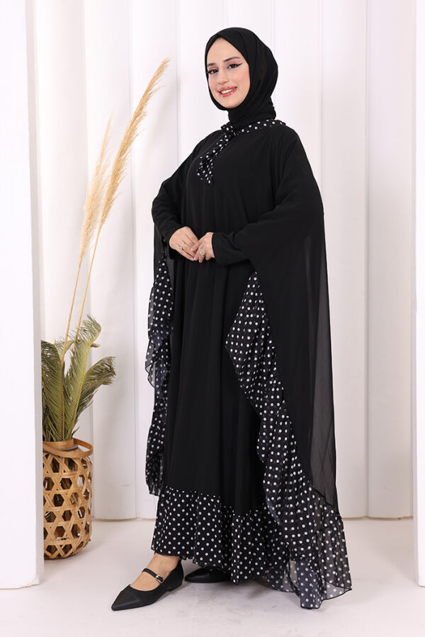 Benekli Yaka Detay Şifon Pelerinli Elbise Takım 3643 Siyah - 3