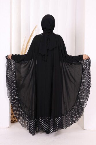 Benekli Yaka Detay Şifon Pelerinli Elbise Takım 3643 Siyah - 4