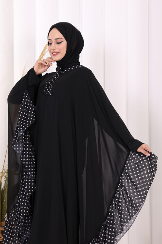 Benekli Yaka Detay Şifon Pelerinli Elbise Takım 3643 Siyah - 5