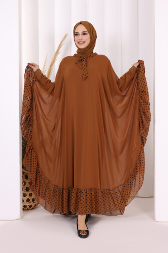 Benekli Yaka Detay Şifon Pelerinli Elbise Takım 3643 Taba - 1